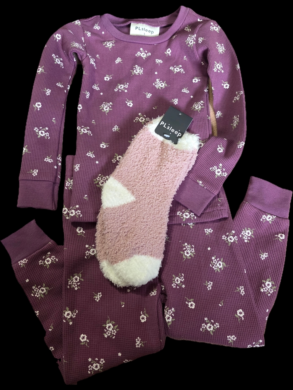 Girls' Purple Floral Thermal Pajama Set with Cozy Socks